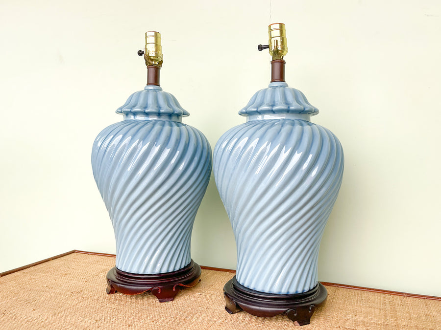 Pair of Sky Blue Twist Ceramic Ginger Jar Lamps