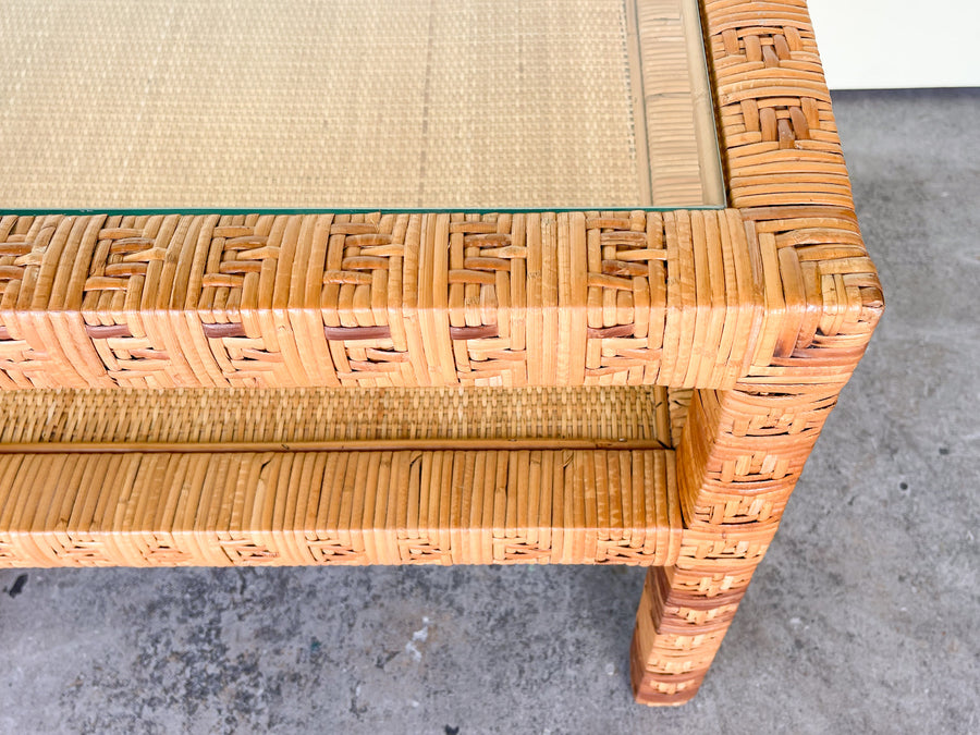 Pair of Billy Baldwin Style Rattan Wrapped Side Tables