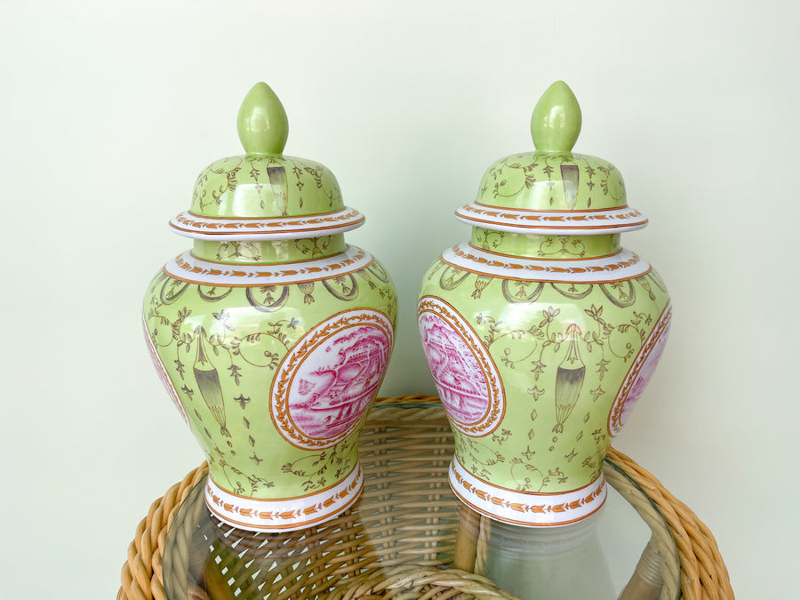 Pair of Pink and Green Ginger Jars
