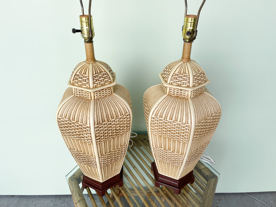 Pair of Faux Basket Ginger Jar Lamps