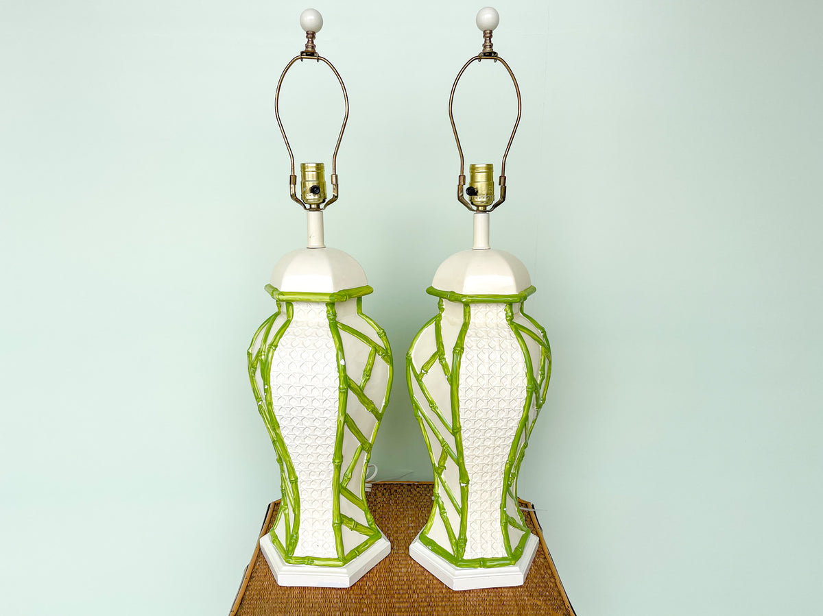 Pair of Faux Bamboo and Cane Ginger Jar Lamps