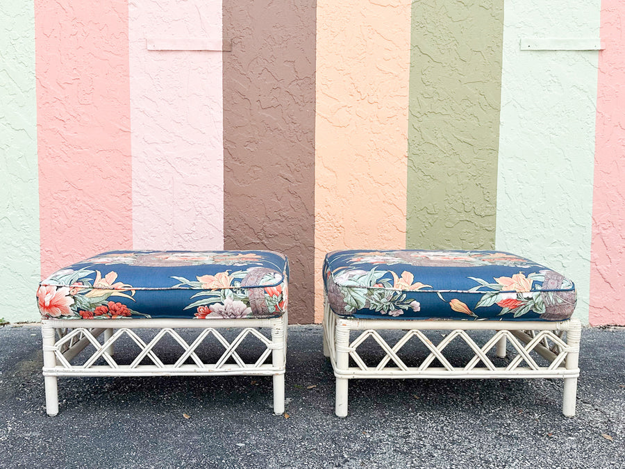 Pair of Ficks Reed Rattan Lounge Chairs and Ottomans