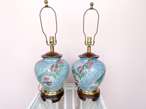 Pair of Pink and Teal Porcelain Lamps