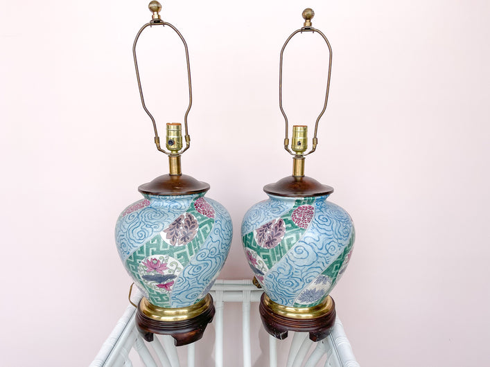 Pair of Pink and Teal Porcelain Lamps