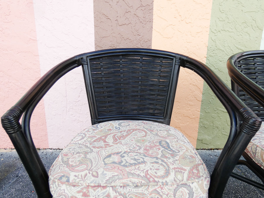 Pair of Painted Black Rattan Barrel Chairs
