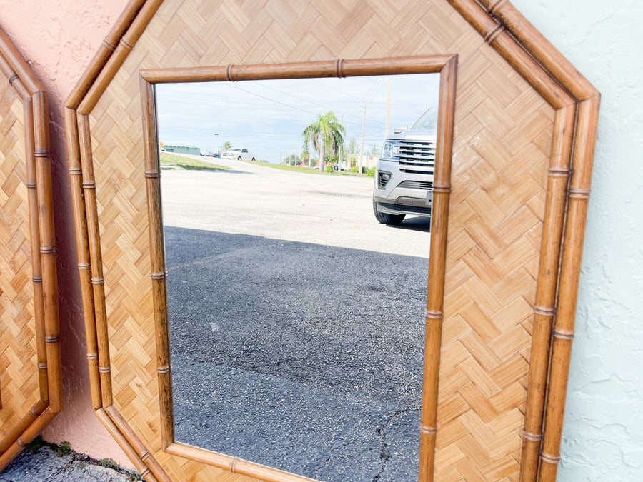 Pair of Faux Bamboo Rattan Octagon Mirrors