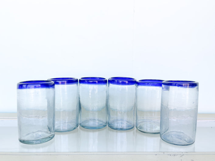 Set of Six Mexican Blue Rim Glassware