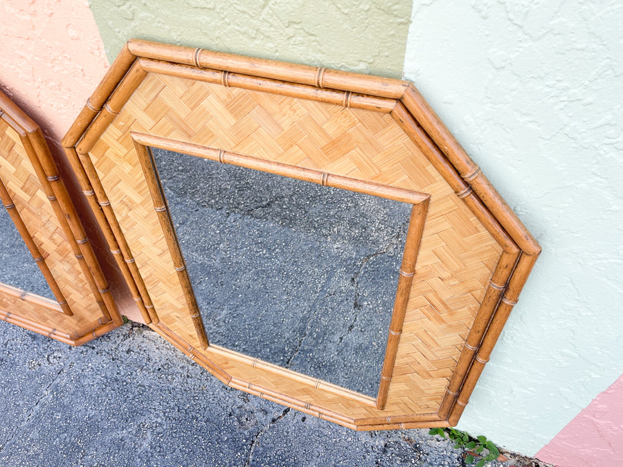 Pair of Faux Bamboo Rattan Octagon Mirrors