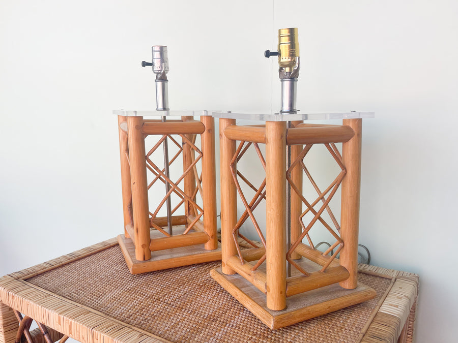 Pair of Old Florida Rattan Lamps