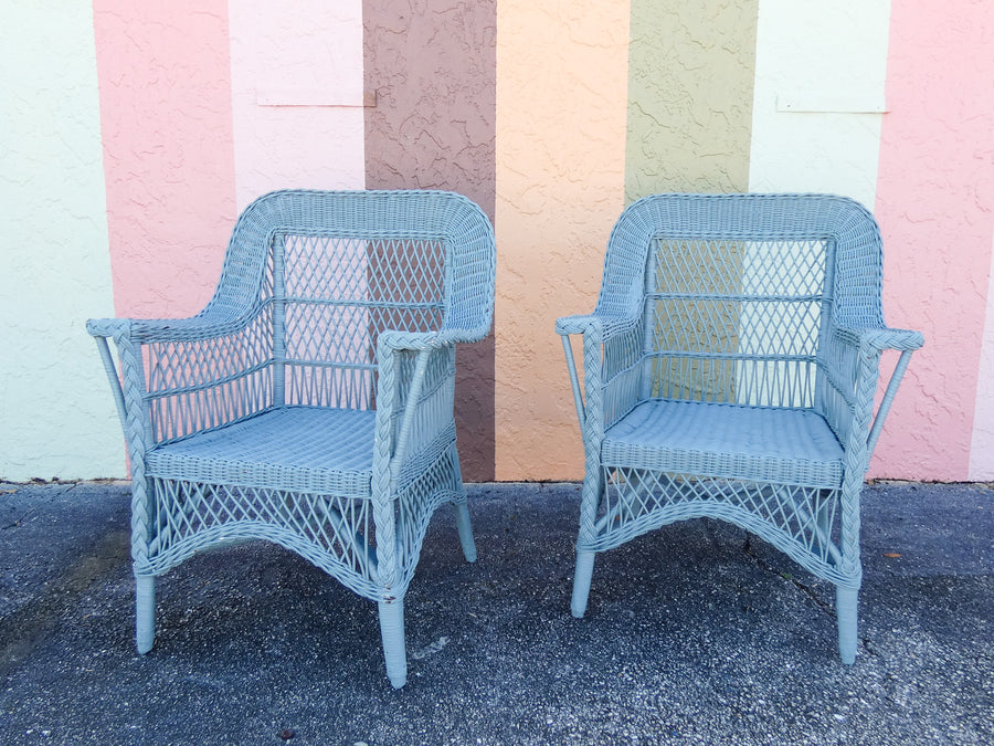 Pair of Cornflower Blue Braided Wicker Chairs
