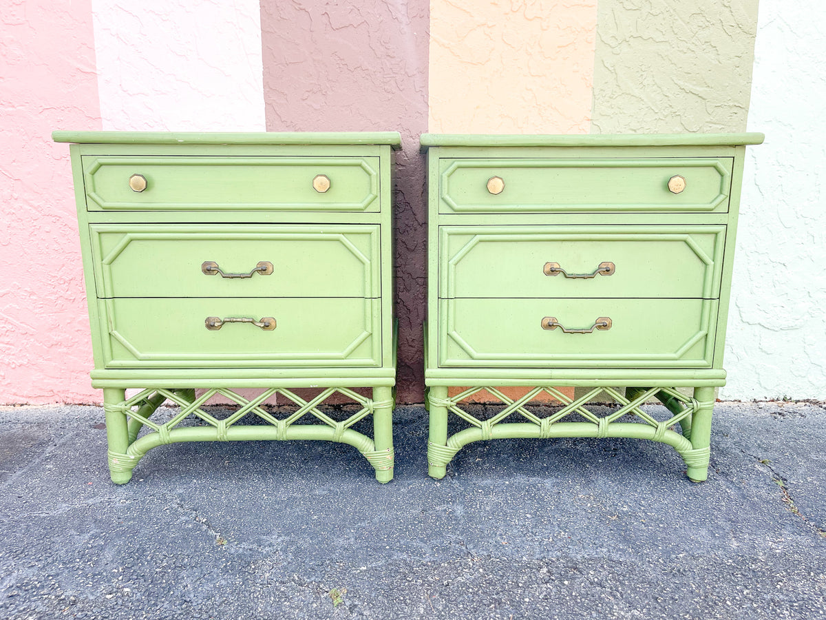 Pair of Ficks Reed Green Nightstands