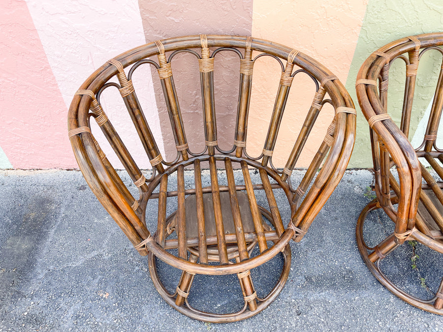 Pair of West Indies Chic Rattan Swivel Chairs