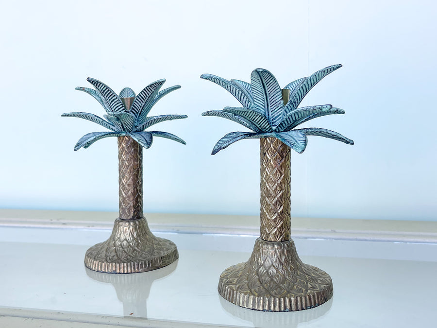 Pair of Petite Brass Palm Tree Candlesticks
