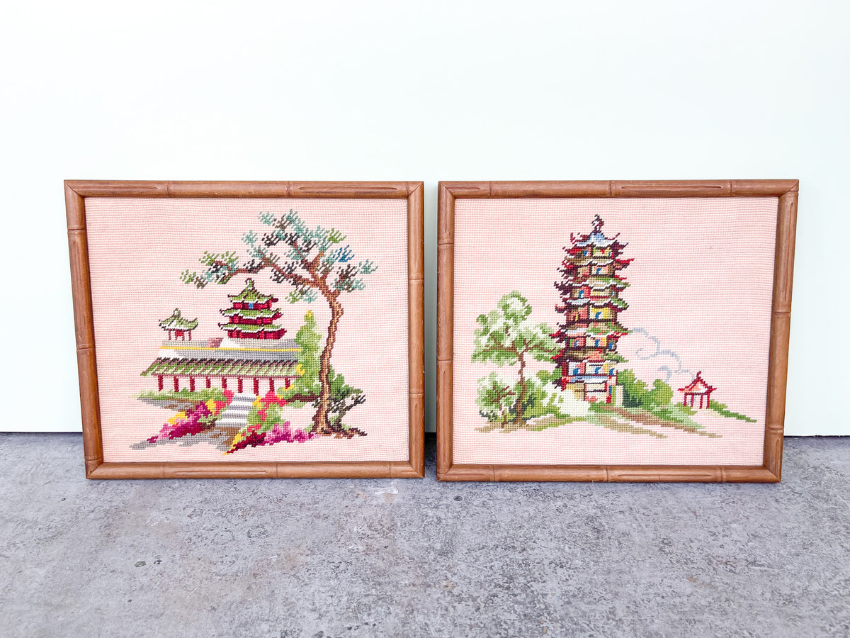 Pair of Pagoda Needlepoint