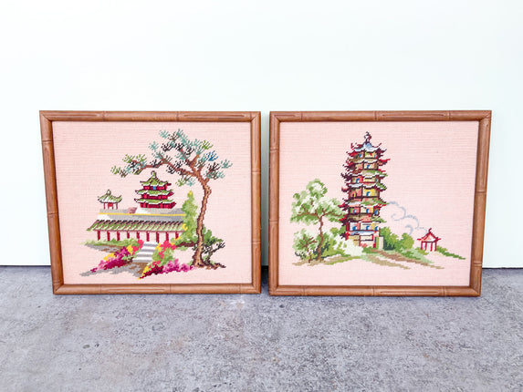 Pair of Pagoda Needlepoint