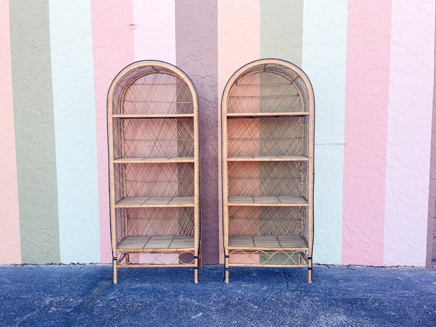 Pair of Coastal Buri Rattan Etageres