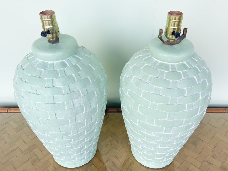 Pair of Plaster Seafoam Basket Weave Lamps