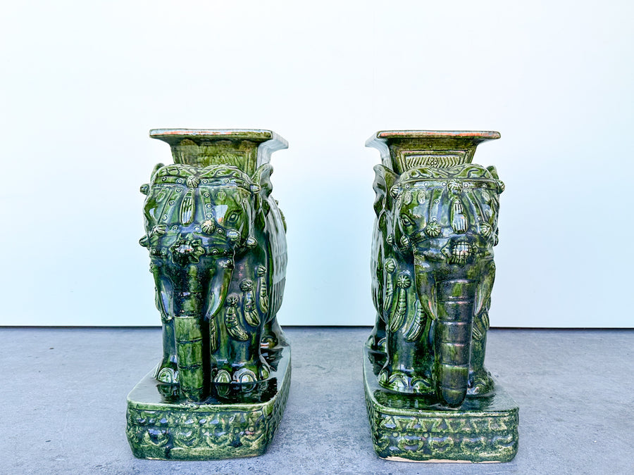 Pair of Terracotta Emerald Green Elephant Garden Seats
