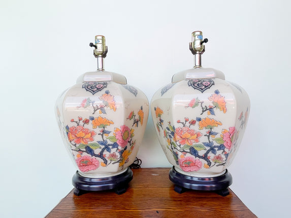 Pair of Colorful Floral Ginger Jar Lamps