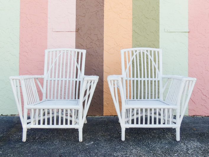 Pair of Stick Wicker Painted Lounge Chairs