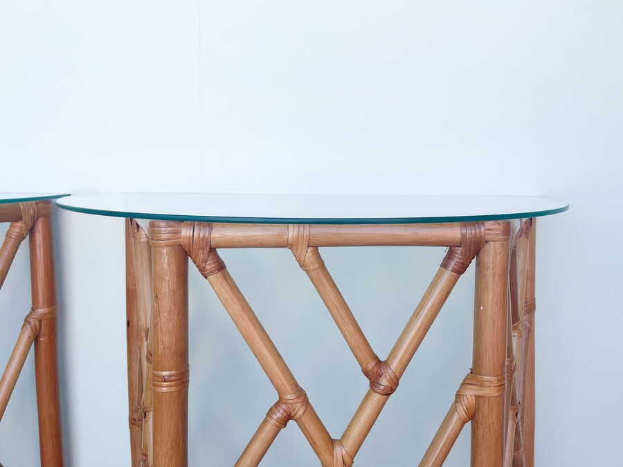 Pair of Rattan Chippendale Demilunes