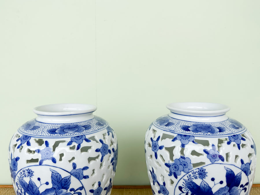 Pair of Blue and White Pierced Vases