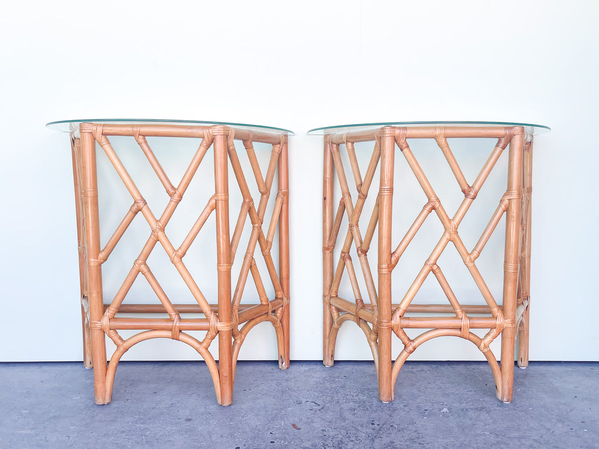 Pair of Rattan Chippendale Demilunes