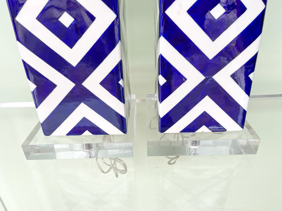 Pair of Modern Blue and White Chevron Lamps