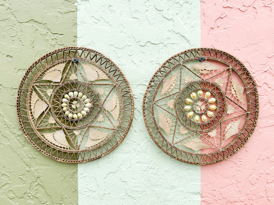 Pair of 70s Chic Rattan and Shell Wall Art