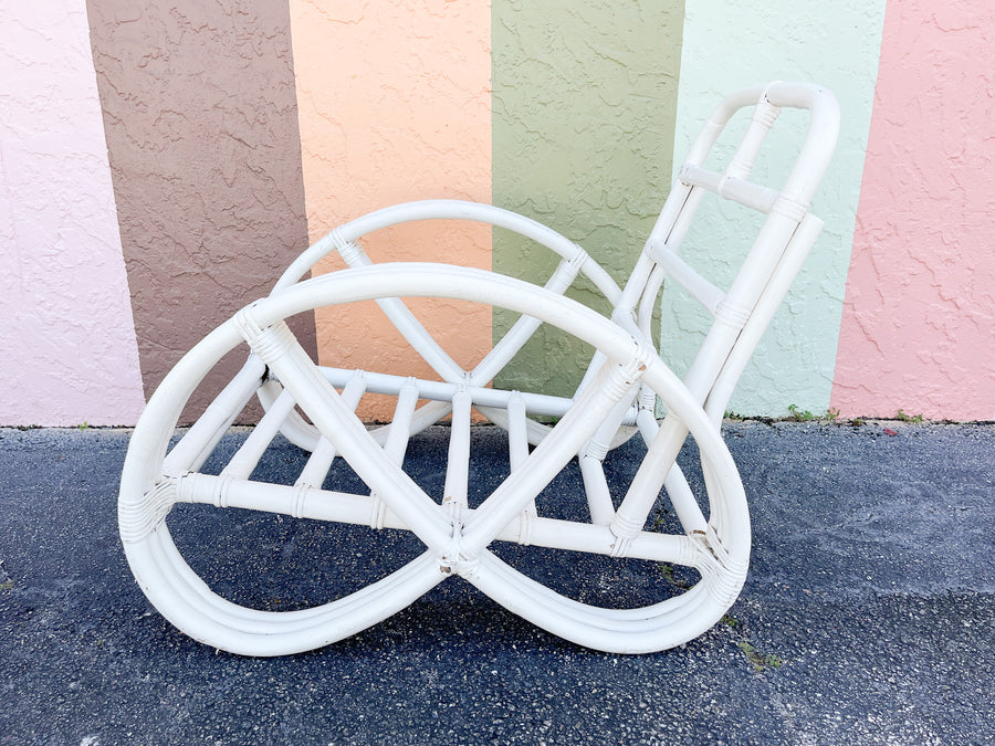Pair of White Rattan Pretzel Chairs and Ottomans