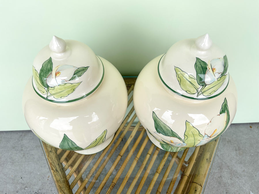 Pair of Hand Painted Italian Lily Ginger Jars