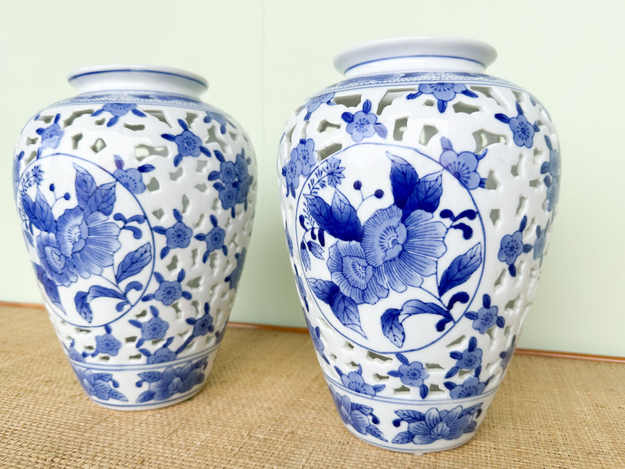Pair of Blue and White Pierced Vases