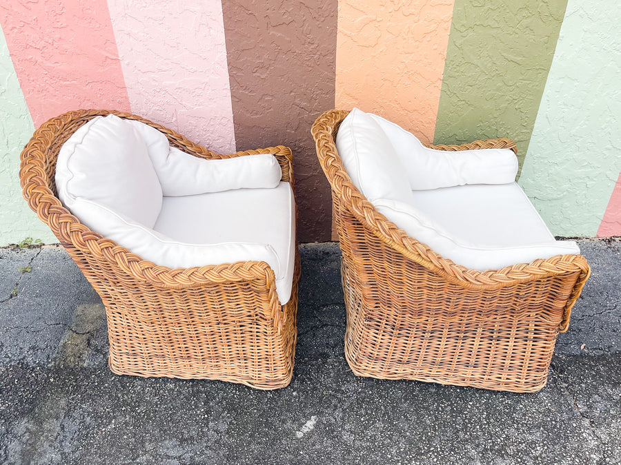 Pair of Braided Rattan Lounge Chairs