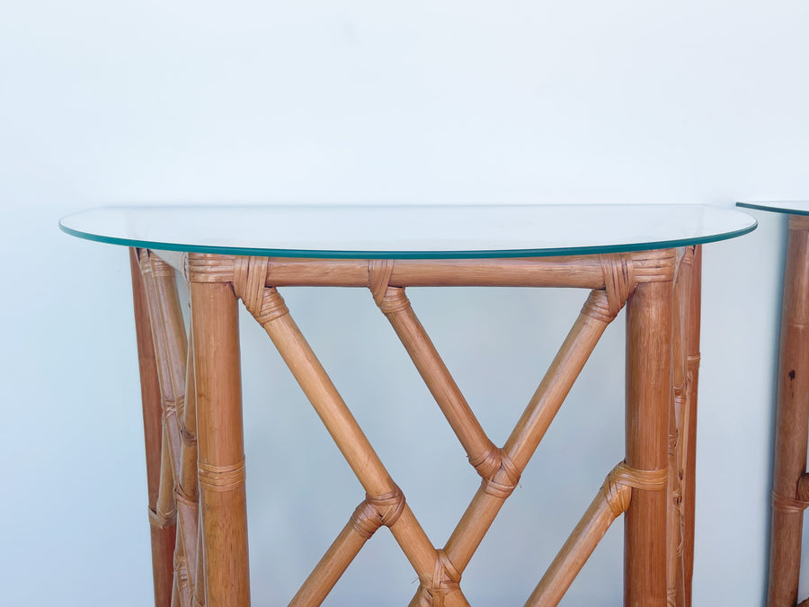 Pair of Rattan Chippendale Demilunes