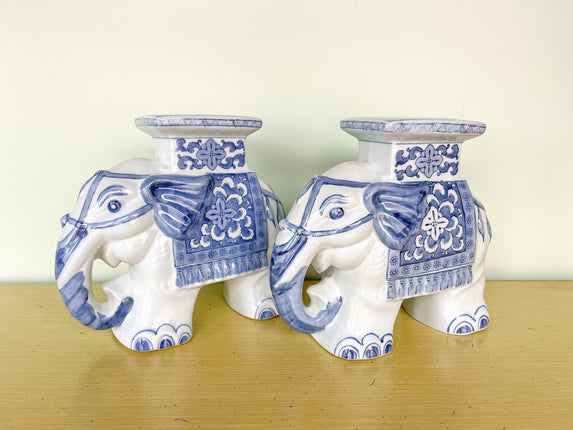 Pair of Petite Blue and White Elephant Garden Seats