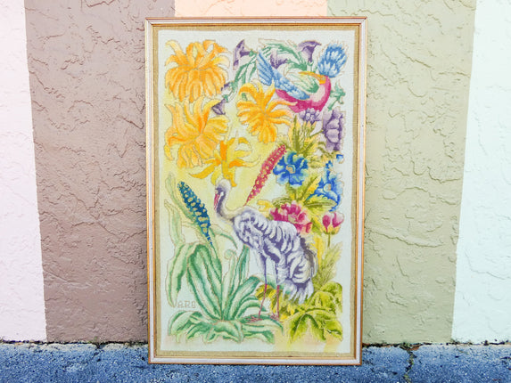 Colorful Flower and Heron Needlepoint