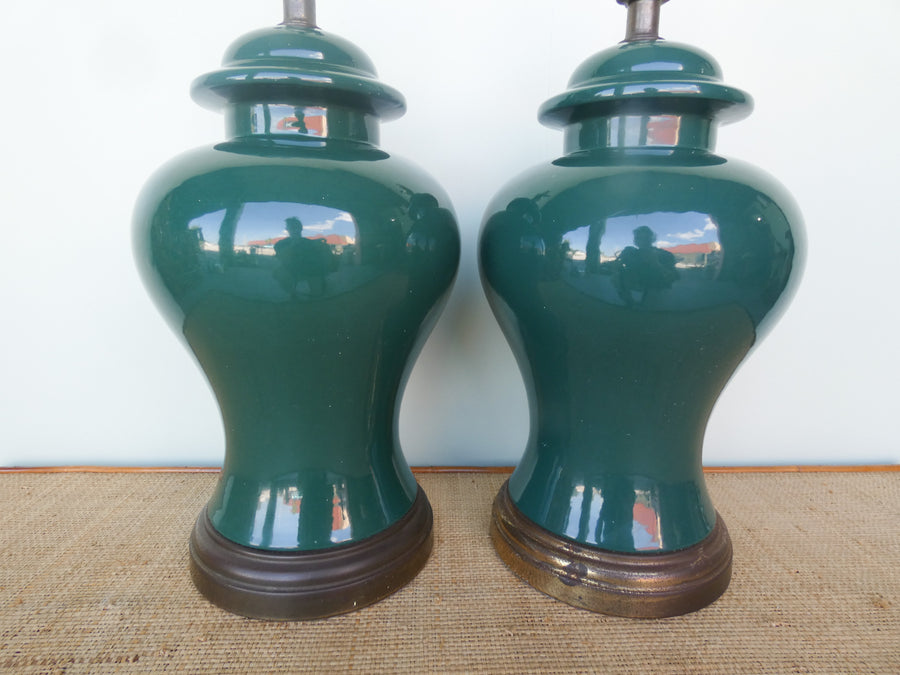 Pair of Forest Green Ginger Jar Lamps