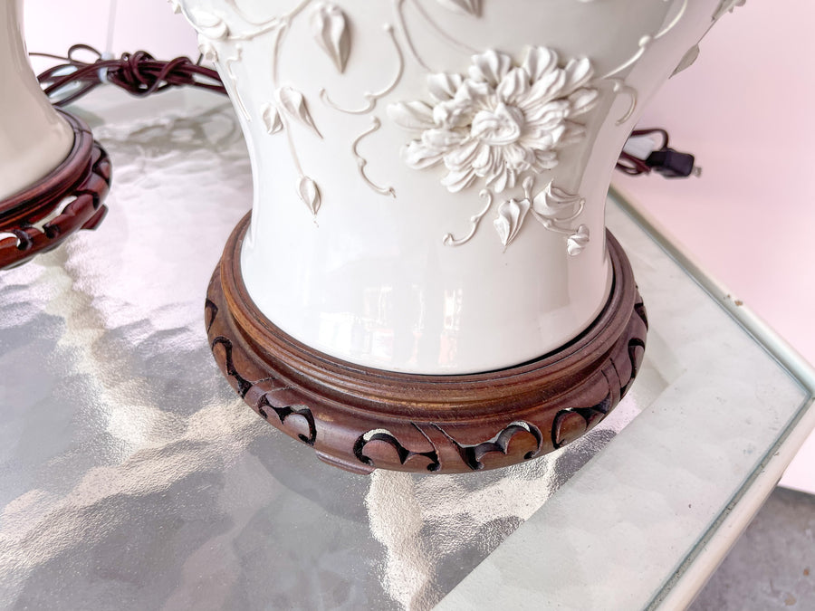 Pair of White Icing Flower Ginger Jar Lamps
