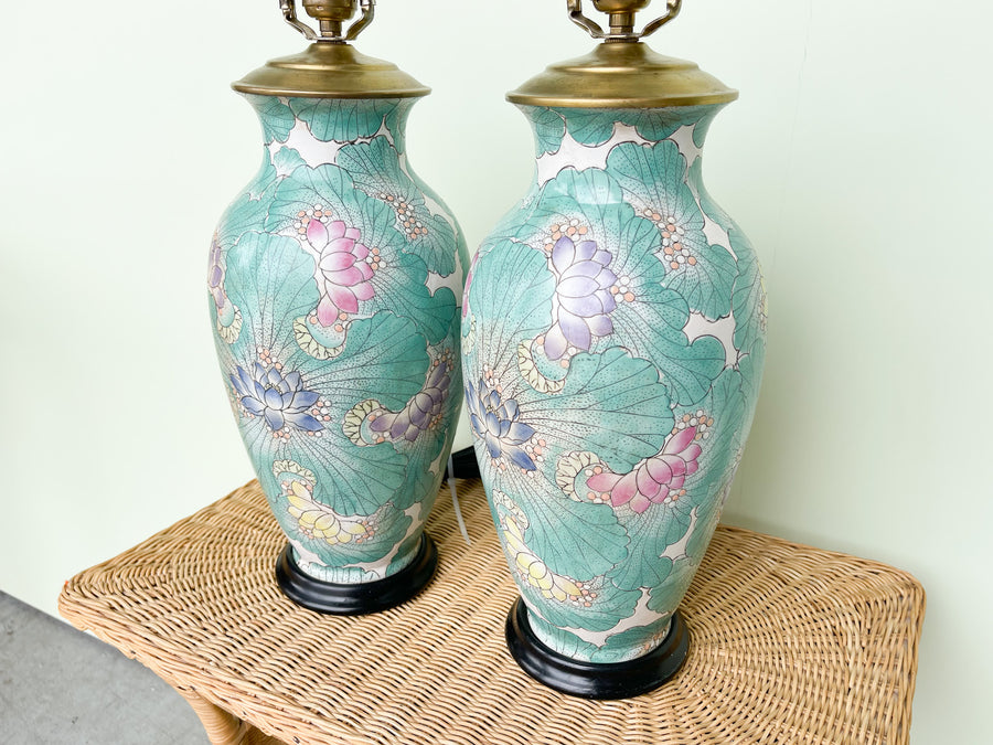 Pair of Teal Lotus Lamps