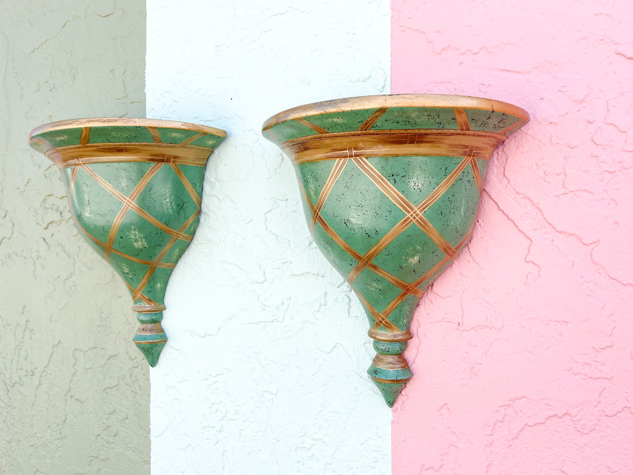 Pair of Celadon Lattice Wall Sconces