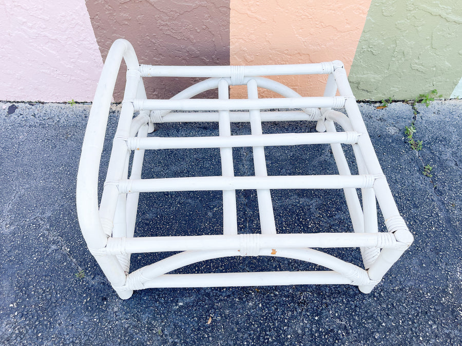 Pair of White Rattan Pretzel Chairs and Ottomans