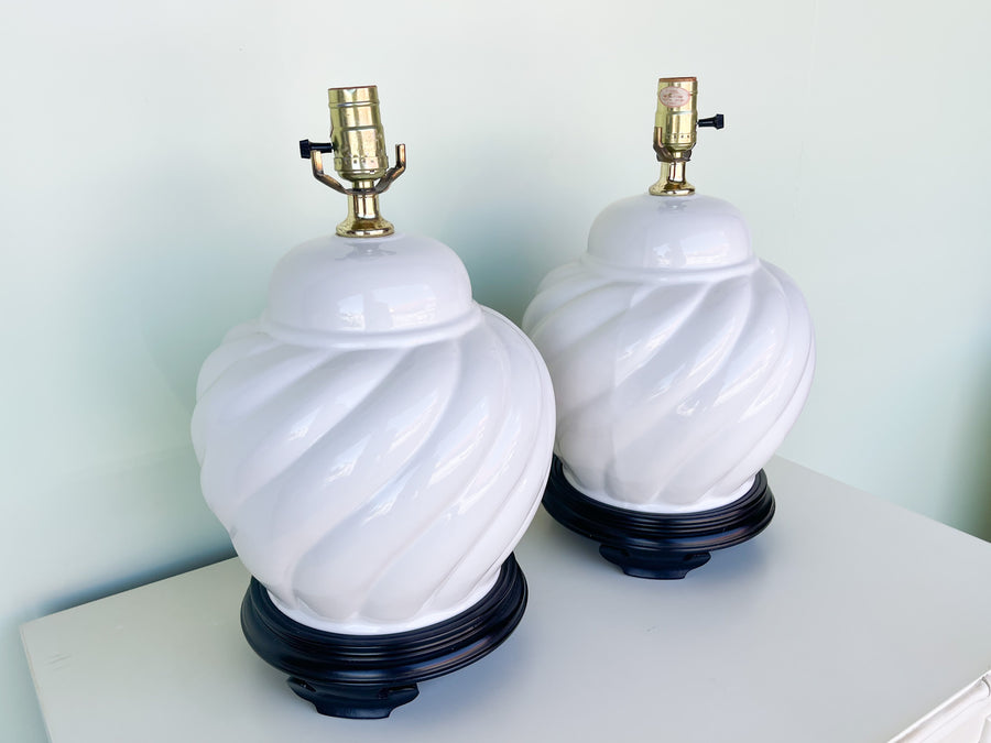 Pair of White Ceramic Swirl Lamps