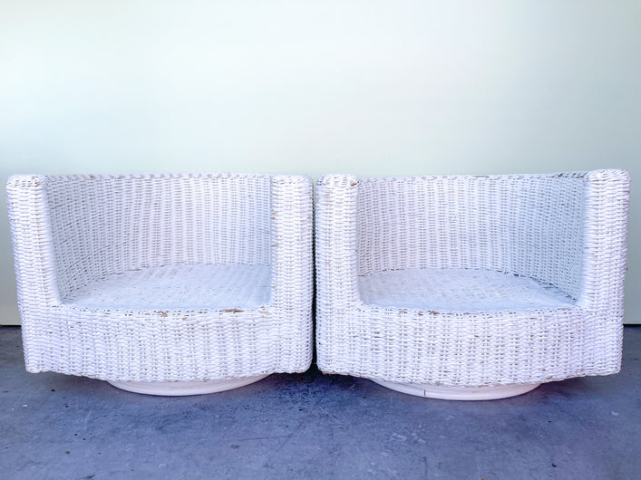 Pair of Kips Bay Show House Rattan Swivel Chairs
