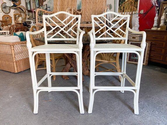 Pair of Rattan Chippendale and Cane Bar Stools