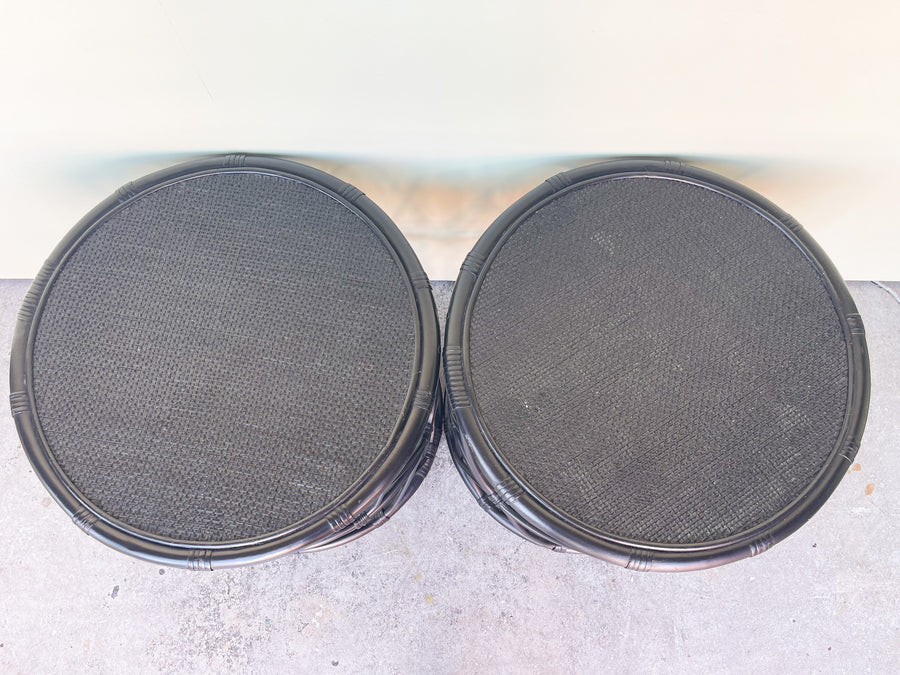 Pair of Black Rattan Drum Tables