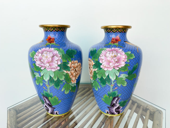 Pair of Caribbean Blue Cloisonné Vases