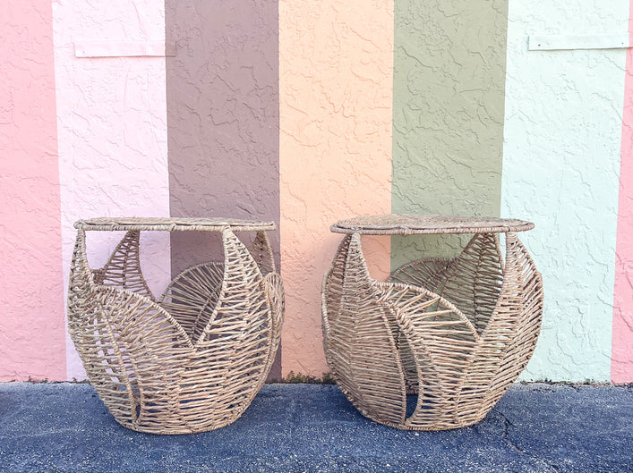 Pair of Modern Seagrass Wrapped Palm Side Tables