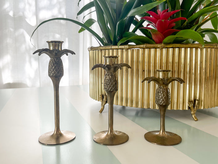 Set of Three Brass Palm Tree Candlesticks
