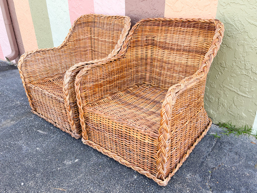 Pair of Braided Rattan Lounge Chairs