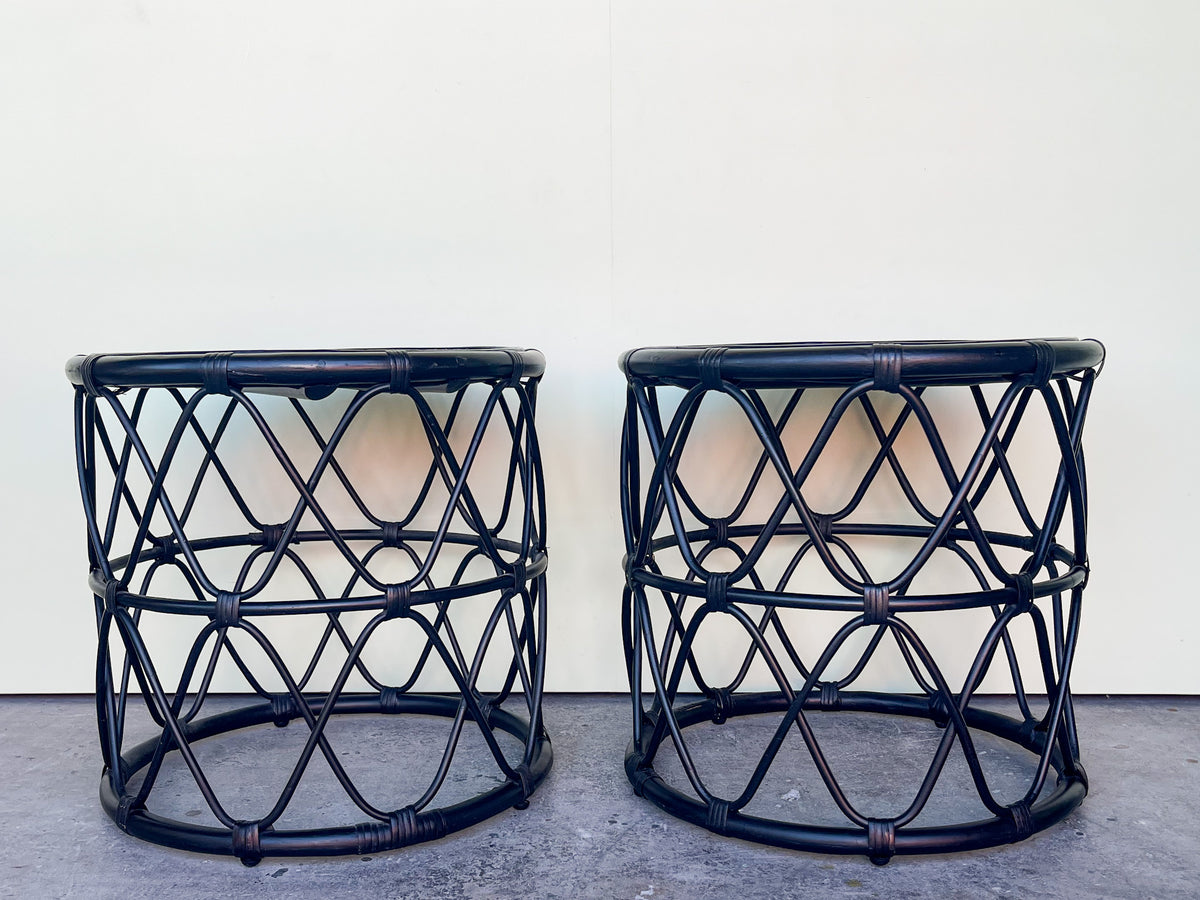 Pair of Black Rattan Drum Tables